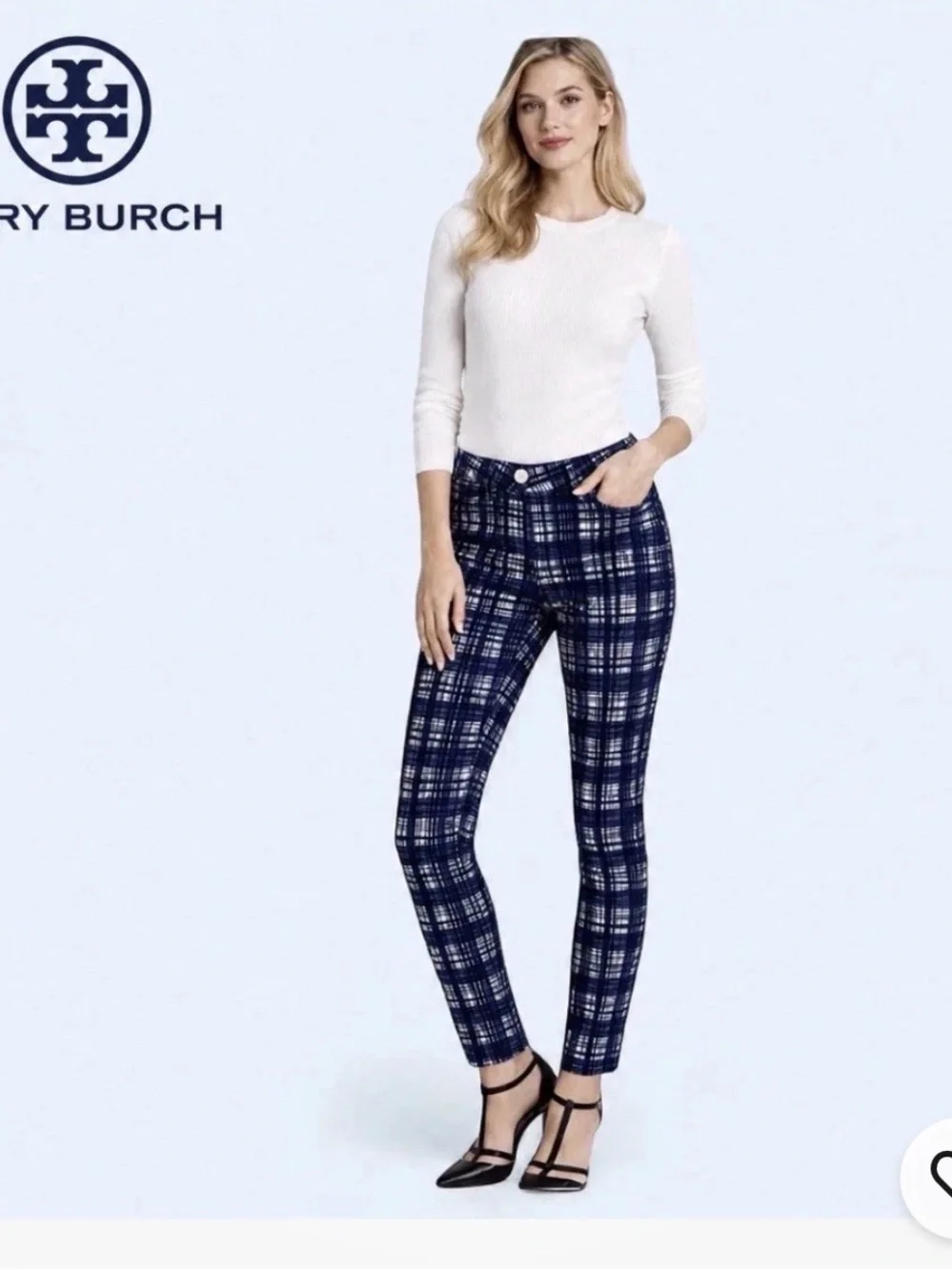 Tory Burch Conner Tab Skinny Ankle Pants 27 Blue White Crosshatch Plaid Stretch